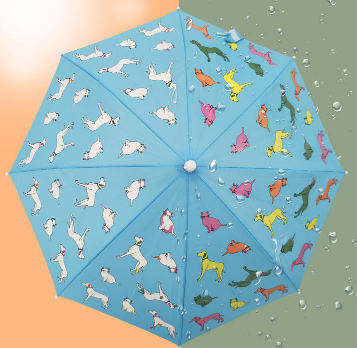 Safe hand-opened children's umbrella that changes color when exposed to water